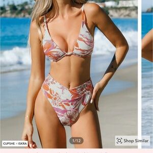 NWT CUPSHE X iskra coral flower bikini top and v-waist bottoms set size L/XL